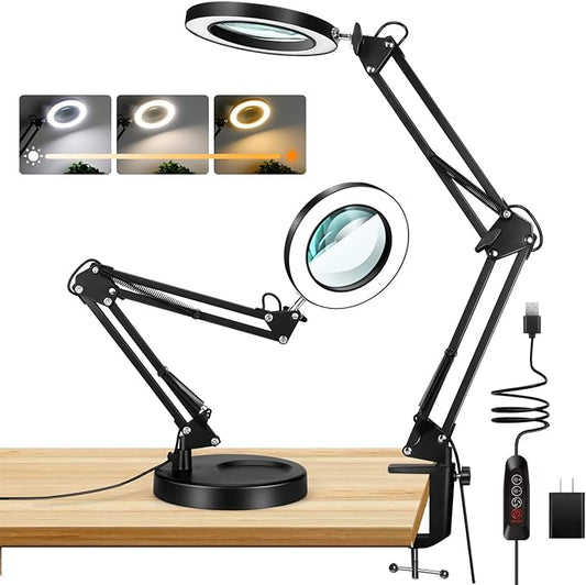 10X Magnifying Glass with Light and Stand, Drdefi 2-in-1 LED Lighted Magnifier, 3 Color Modes Stepless Dimmable, Hands Free Magnifying Desk Lamp with Clamp for Repairing Reading Craft Hobby