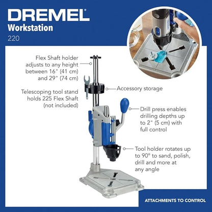 Dremel Drill Press Rotary Tool Workstation Stand with Wrench- 220-01- Mini Portable Press- Holder- 2 Inch Depth- Ideal for Drilling Perpendicular and Angled Holes- Table Top , Silver