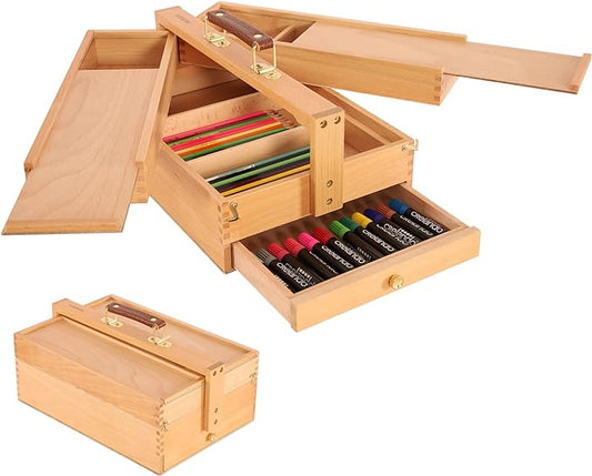 VISWIN Multi-Function Artist Storage Box, Portable Solid Beech Wooden Tool Box with Drawer, Three Layers Art Supplies Storage Box for Paint Brush, Pen, Pastel, Paining Supplies, 13 1/2"x9 1/2"x5"