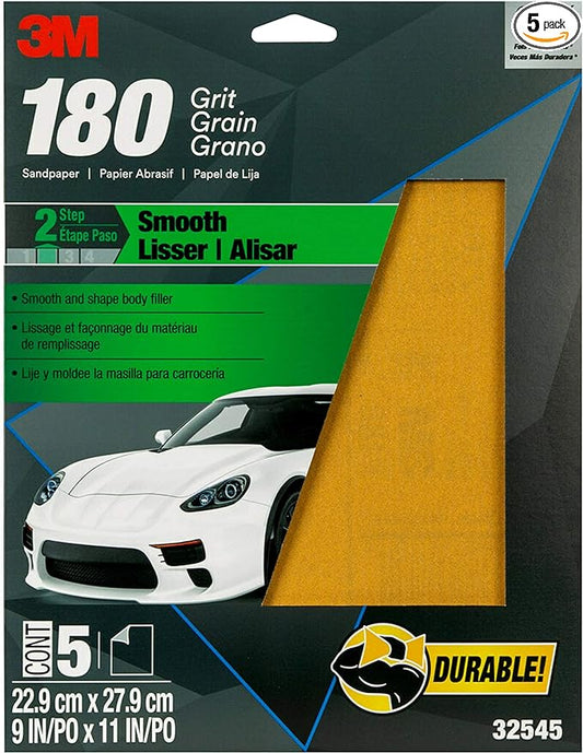 3M Sandpaper, 180 Grit, 5 Sheets, 9 in x 11 in, Longer Lasting Super Strong Abrasive, Great For Smoothing Body Filler, Shaping Glaze & Spot Putty, For Hand Or Machine Sanding (32545)
