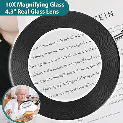 10X Magnifying Glass with Light and Stand, Drdefi 2-in-1 LED Lighted Magnifier, 3 Color Modes Stepless Dimmable, Hands Free Magnifying Desk Lamp with Clamp for Repairing Reading Craft Hobby