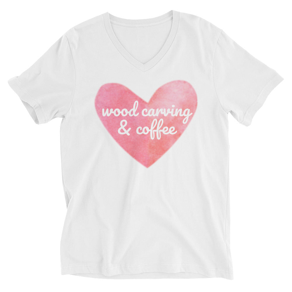 Wood Carving & Coffee - Unisex Short Sleeve V-Neck T-Shirt